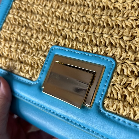 Talbots Aqua Leather and Straw Clutch Crossbody Bag Gold Chain - Picture 2 of 10